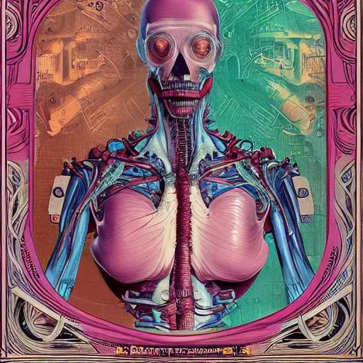 Image similar to cyberpunk, highly detailed labeled medical anatomy poster, anatomical drawing on poster paper with notes, extra beautiful colorful full page antique lithograph of artnouveau borders and designs, muted colors, parchment paper, art print, well - lit, ray tracing, horror, eldritch abomination, hyper realistic, 8 k post - processing