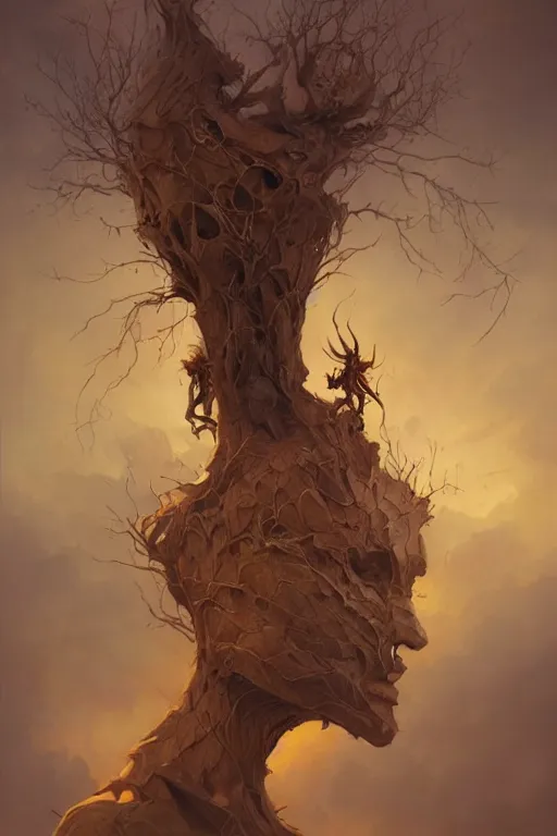 Image similar to portrait of tree devil by Peter Mohrbacher and Peter Gric, volumetric lighting, good composition, trending on artstation, polarizer filter, in the golden hour