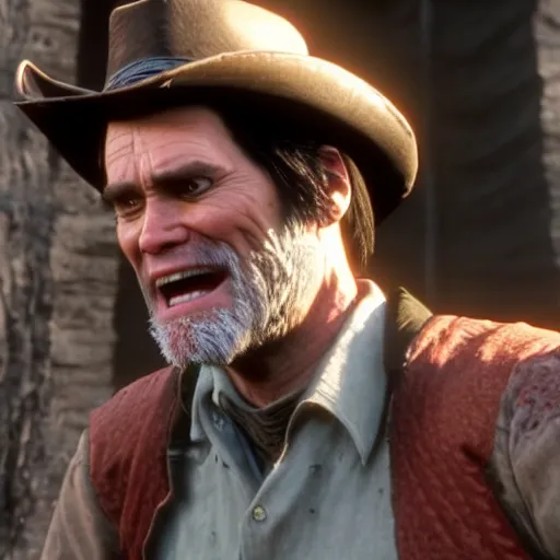 Prompt: film still of jim carrey in red dead redemption 2 ( 2 0 1 8 video game )