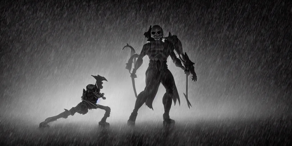Image similar to skeletor fighting he - man, fog on the ground, heavy rain, lightning, moody lighting, shallow depth of field,