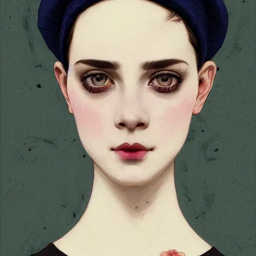 Prompt: portrait of an elegantly dressed short haired hipster girl, extremely dark and prominent circles around eyes, irritated expression, bohemian fashion, wearing a beret, artsy, intricate, soft and cute face, highly detailed, digital painting, artstation, concept art, smooth, sharp focus, illustration, art by artgerm and greg rutkowski and alphonse mucha