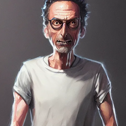 Image similar to A highly detailed full body portrait painting of Rick from Rick and Morty, Greg Rutkowski, trending on artstation