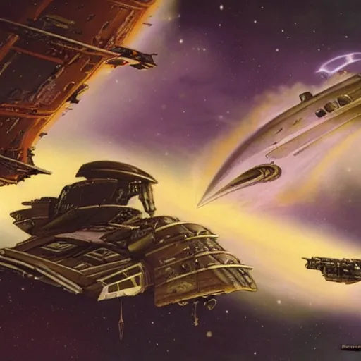 Image similar to a vast steampunk spaceship approaches the wreckage of a derelict starship in deep space by doug chiang and ralph mcquarrie