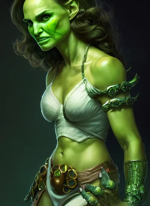 Image similar to portrait of natalie portman as a goblin, d & d, muscular! green, fantasy, intricate, elegant, highly detailed, digital painting, artstation, concept art, smooth, sharp focus, illustration, art by artgerm and greg rutkowski and alphonse mucha