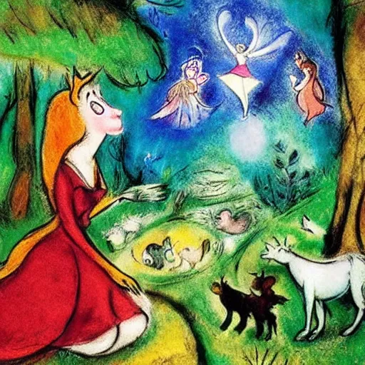 Image similar to A detailed mixed media art of Princess Aurora singing in the woods while animals look on. The colors are light and airy, with a hint of mystery in the shadows. The overall effect is dreamlike and fairy-tale like. by Walt Disney, by Marc Chagall