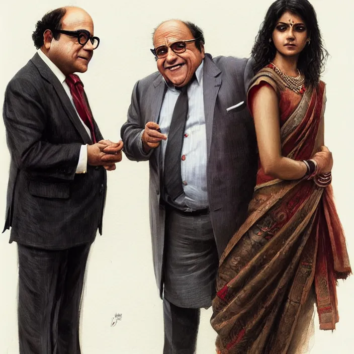 Prompt: danny devito and an indian wearing a suit, elegant, real life skin, intricate artwork, high detailed, artstation, concept art, smooth, sharp focus, art by artgerm and greg rutkowski