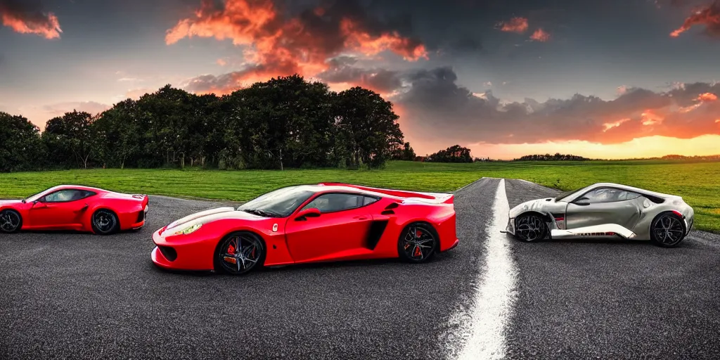 Image similar to cinematic fast sportscar reminiscent of toyota, ferrari and porsche in a lush field, shiny, red, beautiful lighting, photorealistic, sharp, sunset, by scott robertson