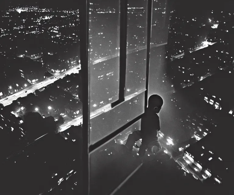 Prompt: birdseye view, a boy confined in a glass box middle of the streets, night, light over boy, misty