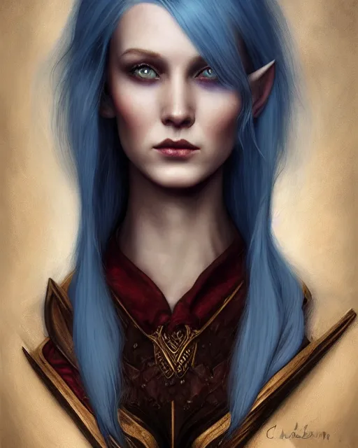 Prompt: a detailed matte oil on canvas head on symmetrical portrait of a distinguished elven woman with half blue hair and half red hair by charlie bowater, lise deharme, wlop, trending on artstationhd, dungeons and dragons art critical role, half and half hair dye, split hair dye, two tone hair dye, dye hair