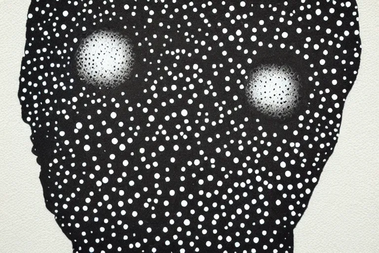 Image similar to face made out of planet, faceless people dark, dots, drip, stipple, pointillism, technical, abstract, minimal, style of francis bacon, asymmetry, pulled apart, cloak, hooded figure, made of dots, abstract, balaclava