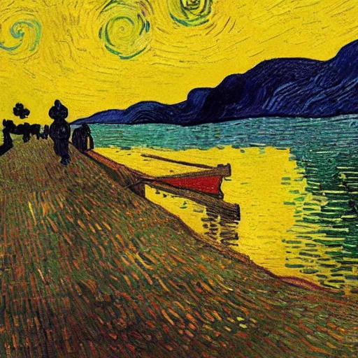 Image similar to vincent van gogh painting of a yellow teddy bear wearing a red shirt, sunset, lake