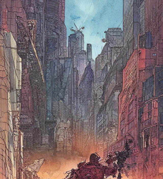 Prompt: a watercolor ink painting of a post - apocalyptic new - york in the style of jean giraud in the style of moebius trending on artstation deviantart pinterest detailed realistic hd 8 k high resolution