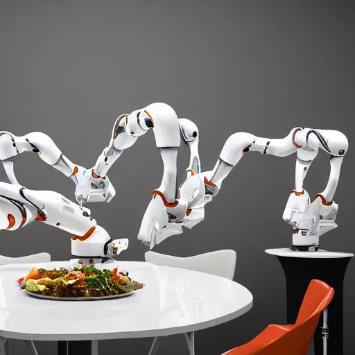 Image similar to three large white glossy kuka industrial robot arms on the floor around a dinner table, the kuka industrial robot arms are wearing bow ties, the table is full of food, they are having dinner inside a fine dining restaurant with mid century modern furniture and decor, global illumination, artstation, fantasy