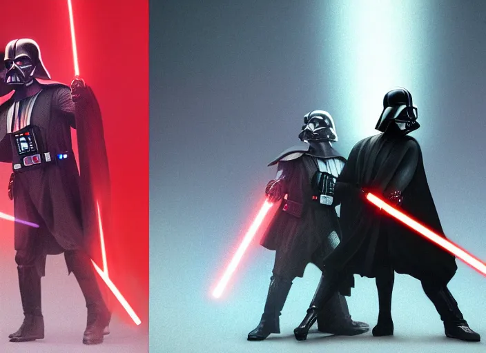 Image similar to a Photorealistic dramatic hyperrealistic render of darth vader with lightsaber drawn facing off against a calm cute corgi in battle, futuristic star wars vibe, by WLOP and Artgerm and Greg Rutkowski and Alphonse Mucha, Beautiful dynamic dramatic dark moody lighting, shadows, cinematic atmosphere, Artstation, concept design art, Octane render, 8K, masterpiece, sharp focus