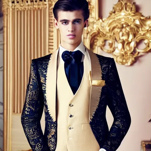 Prompt: elegant fancy suit of the groom,, black gold with elements of the sun. golden highlights. frill collar. intricate patterns with clear lines. clear details. realistic photo. the model is a handsome young man with a symmetrical face.