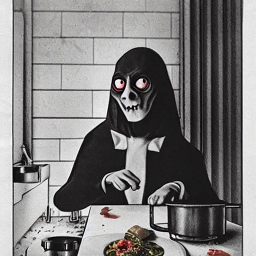 Prompt: nosferatu is cooking in a kitchen, realistic photography