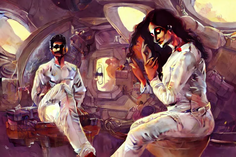 Image similar to Sensual good looking pale young Indian doctors wearing jeans in a space station above Earth, portrait, elegant, intricate, digital painting, artstation, concept art, smooth, sharp focus, illustration, art by artgerm and greg rutkowski and alphonse mucha