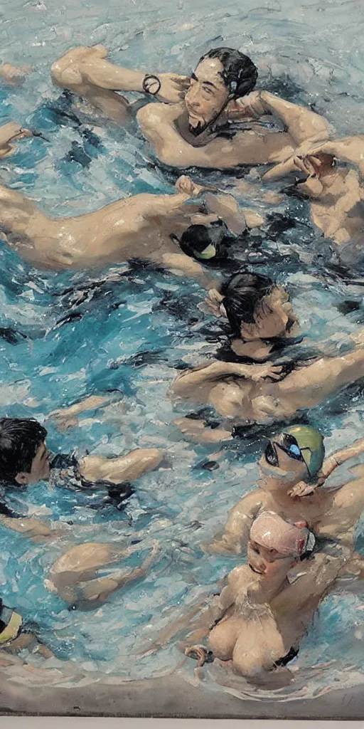 Image similar to oil painting scene from swimming pool by kim jung gi