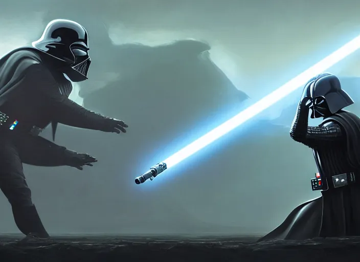 Image similar to a Photorealistic dramatic hyperrealistic render of darth vader with lightsaber drawn facing off against a calm cute corgi in battle, futuristic star wars vibe, by WLOP and Artgerm and Greg Rutkowski and Alphonse Mucha, Beautiful dynamic dramatic dark moody lighting, shadows, cinematic atmosphere, Artstation, concept design art, Octane render, 8K, masterpiece, sharp focus