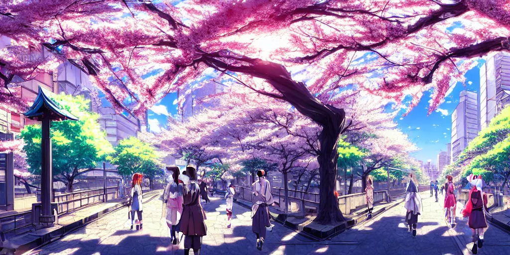 Prompt: anime style cityscape, spring season city, cherry blossoms blowing in the wind, day time, sun high in the sky, sun glare, clear weather, blue sky, tokyo japan, very few people walking, high detail and very sharp, detailed shading, artstation, wallpaper, anime art style, kyoto animation productions, koyoharu gotouge