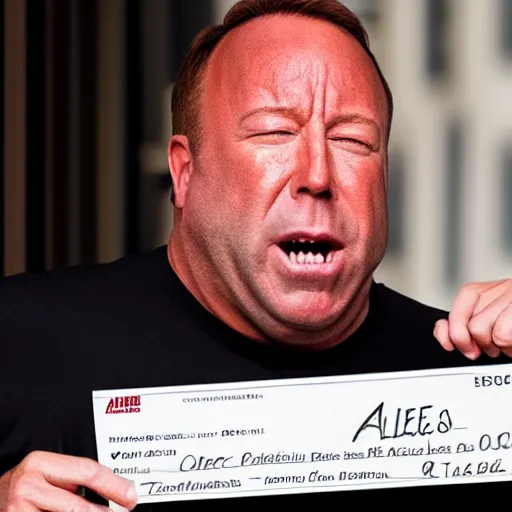 Image similar to alex jones crying while holding a giant cheque, hidden camera, photorealistic, 8k resolution