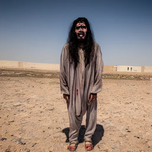 Prompt: middle eastern zombie man in the sky with long hair, canon eos r 3, f / 1. 4, iso 2 0 0, 1 / 1 6 0 s, 8 k, raw, unedited, symmetrical balance, wide angle