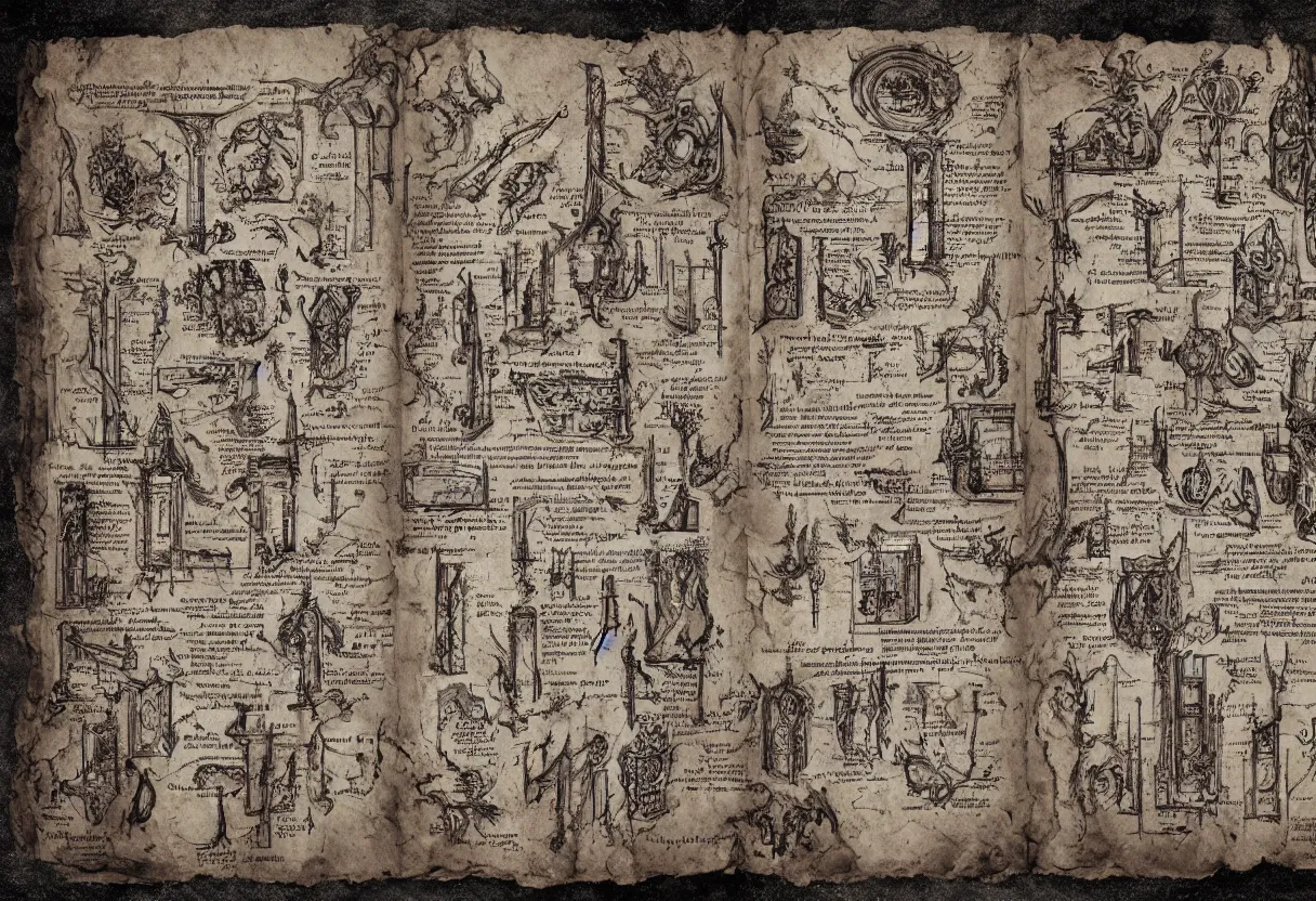 Prompt: blueprint of demonic manuscripts from necronomicon book drawn and written in blood, plenty annotations sumerian language, hyper realism, realistic, dramatic lighting, octane render, highly detailed, cinematic lighting, cinematic, art by wes benscoter