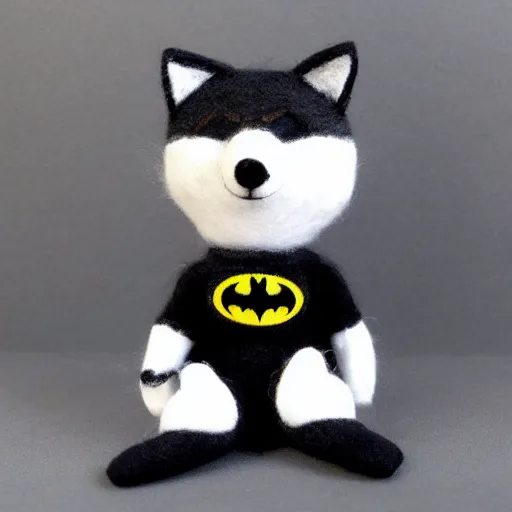 Prompt: cute sock puppet fox dressed as batman, kawai, wool, photorealistic, very detailed, eating crayons, 4 k