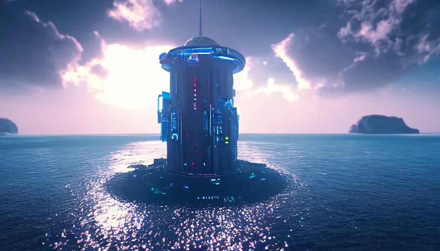 Image similar to a island in the middle of the ocean with a large cyberpunk tower on it, octane, redshift, volumetric lighting, reflections