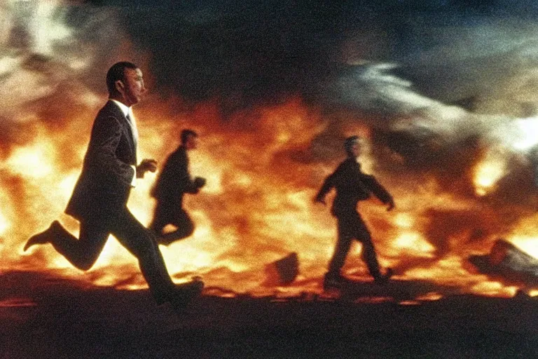 Prompt: film still, energetic long shot, tilted frame, some motion blur, of Vladimur Putin running away from an explosion, from the movie The Rock (1996), promotional photo