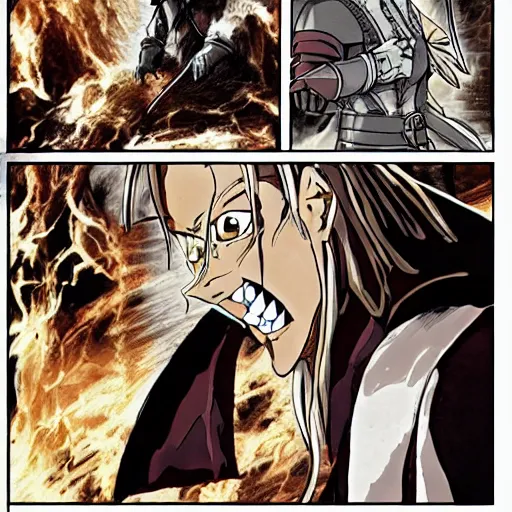 Image similar to manga page of The Lord of the Rings in the style of Fullmetal Alchemist