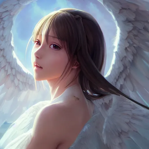 Image similar to an oil painting of a beautiful anime girl with angel wings, by artgerm, wlop and greg rutkowski, hd, hdr, ue 5, ue 6, unreal engine 5, cinematic 4 k wallpaper, 8 k, ultra detailed, high resolution, artstation, award winning