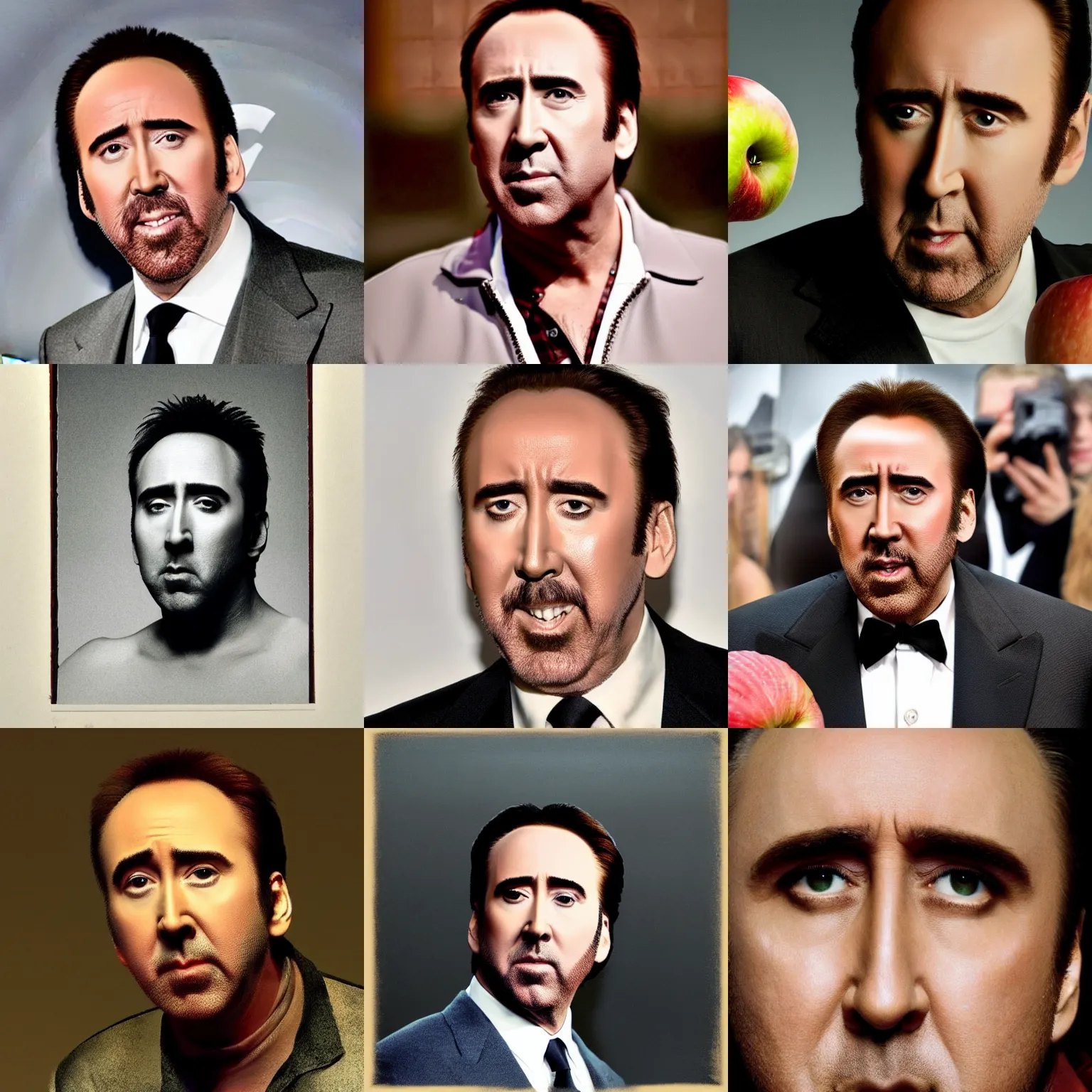 Prompt: An apple has Nicolas Cage's face, photograph