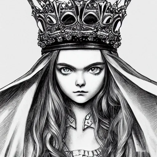 Prompt: a striking hyper real manga illustration of Elle Fanning with a crown by Kentaro Miura