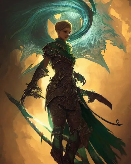 Image similar to Fantasy emerald knight, moonlit, HD, illustration, epic, D&D, fantasy, intricate, elegant, highly detailed, digital painting, artstation, concept art, smooth, sharp focus, illustration, art by artgerm and greg rutkowski and alphonse mucha, monster hunter illustrations art book