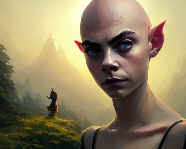 Image similar to highly detailed portrait of cara delevingne as a bald elf, in gta v, stephen bliss, unreal engine, fantasy art by greg rutkowski, loish, rhads, ferdinand knab, makoto shinkai and lois van baarle, ilya kuvshinov, rossdraws, tom bagshaw, global illumination, radiant light, detailed and intricate environment