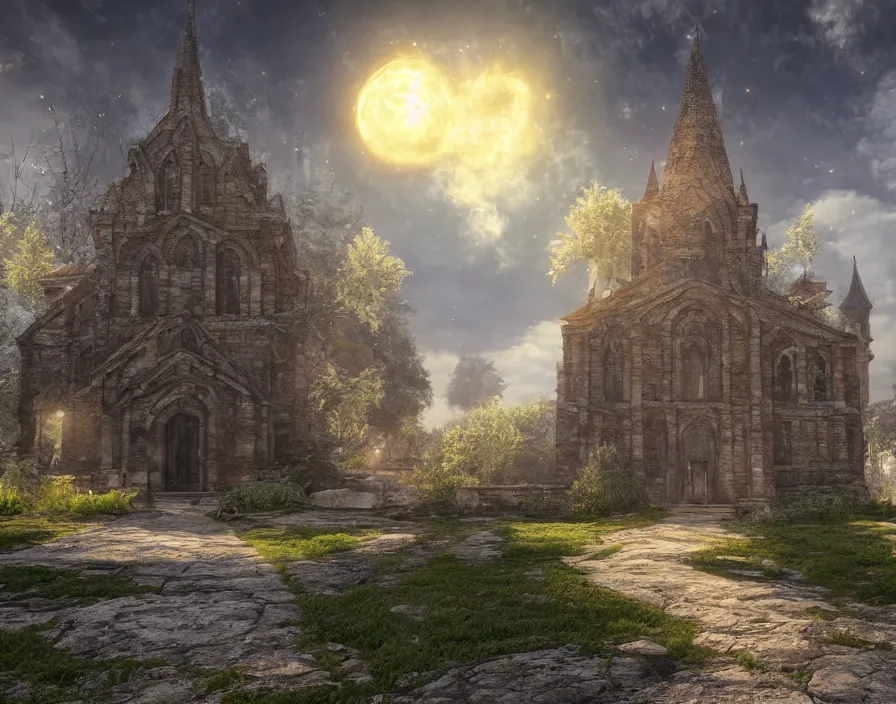 Image similar to old cristian church with abstract energy ball, realistic, beautiful texture, beautiful graphics, fantasy artwork, very beautiful scenery, hd, hdr, ue 5, ue 6, unreal engine 5, cinematic 4 k wallpaper, 8 k, ultra detailed