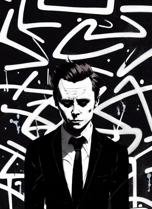 Image similar to highly detailed closeup portrait of martin wallstrom, tyrell wellick, slick back hair wearing suit by atey ghailan, by greg rutkowski, by greg tocchini, by james gilleard, by joe fenton, by kaethe butcher, gradient blue, black and white only color scheme, grunge aesthetic!!! ( ( graffiti tag wall background ) )