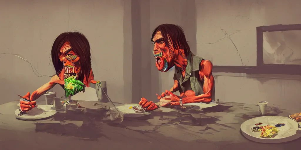 Image similar to cartoonish iggy pop eating dinner, vivid colors, character sheet, fine details, concept design, contrast, kim jung gi, greg rutkowski, trending on artstation, 8 k, full body, turnaround, front view, back view, ultra wide angle