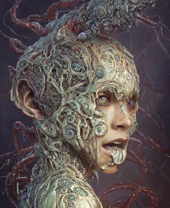 Prompt: portrait of a bloodied intricate ornate filigreed slime dripping genderless insect alien monster, muscles, rippling, space warping and twisting, ultra realistic, concept art, intricate details, eerie, highly detailed, photorealistic, octane render, 8 k, unreal engine. art by artgerm and greg rutkowski and alphonse mucha