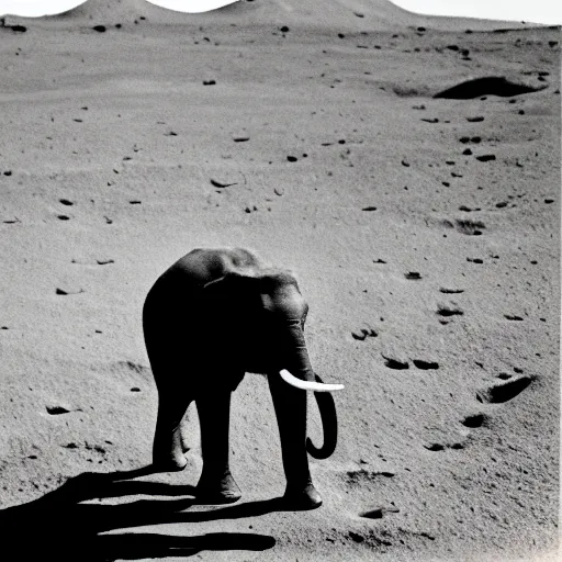 Image similar to extremely detailed black and white polaroid picture by john l. gaunt of a baby elephant standing on the moon's surface. very grainy picture. extreme lighting