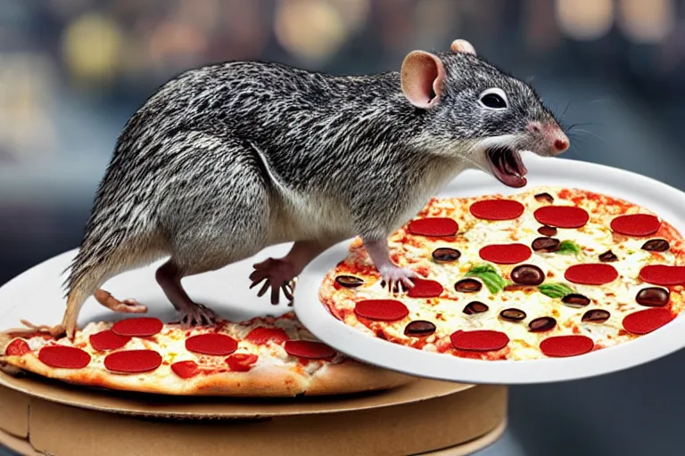 Prompt: emergence of the pizza rat, evolution, the new apex predator : unstoppable pizza rat : the reason god stays in heaven - he screams for pizza