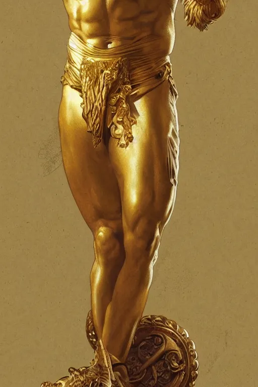 Image similar to ultra realistic illustration, a golden statue of a herculean glenn howerton as the god apollo, intricate, elegant, highly detailed, digital painting, artstation, concept art, smooth, sharp focus, illustration, art by artgerm and greg rutkowski and alphonse mucha