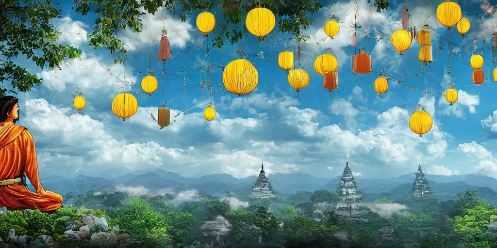 Prompt: wind god enjoying the view from his stone heavenly palace, decorated with windchimes and paper lanterns, nature, clouds and pagodas in background, digital art