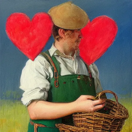 Prompt: a beautiful painting of a scottish instagram heart farmer. in his arm he has a basket full of hearts. in style of ilya repin, trending on artstation