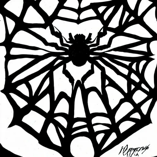 Prompt: spider, black and white, botanical illustration, black ink on white paper, bold lines