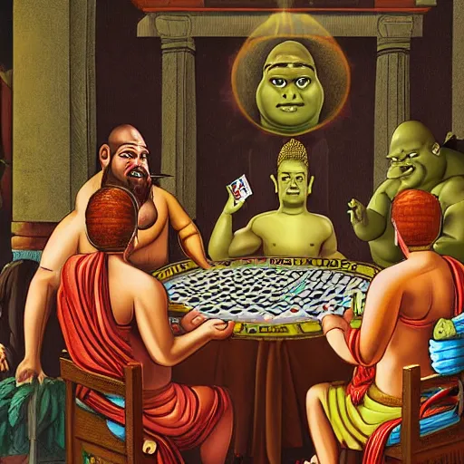 Prompt: Jesus, Shiva, Buddha, Zeus and Shrek playing poker by Cassius Marcellus Coolidge