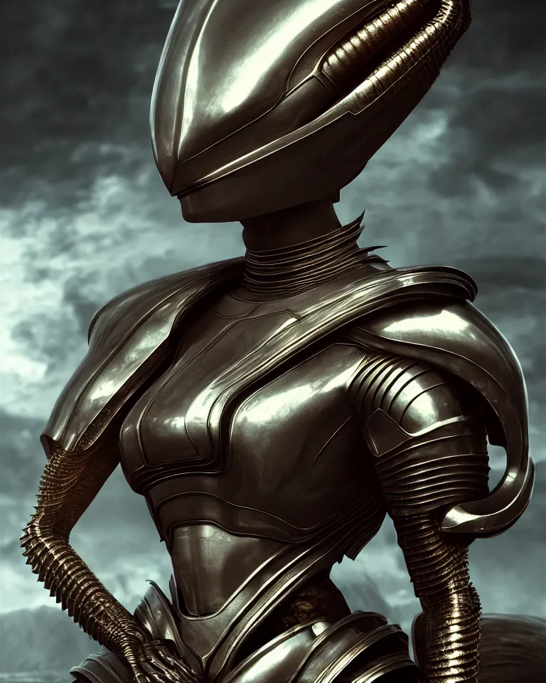 Prompt: epic portrait of alien queen in ring armour by cleavanger and elvgren epic awesome symmetrical octane vfx maya render realistic