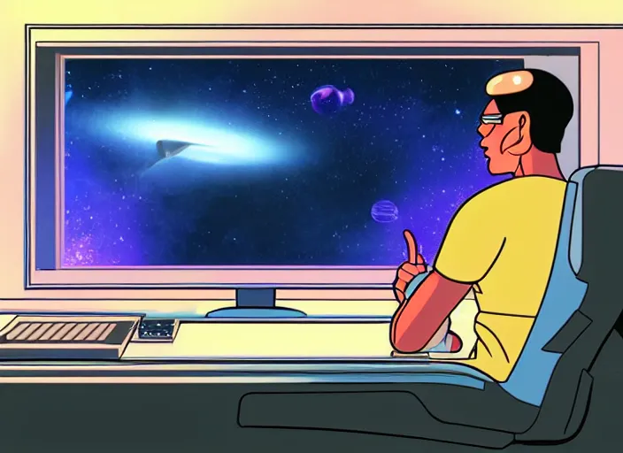 Prompt: a cartoon of a man sitting in front of a computer, space background, a screenshot by mœbius, pixiv, retrofuturism, toonami, y 2 k aesthetic, synthwave