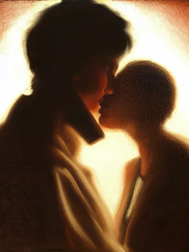 Image similar to masterpiece painting by jean hugo, of a solo individual portrait of a guy and a girl kissing, cinematic light, atmospheric effects, artstation